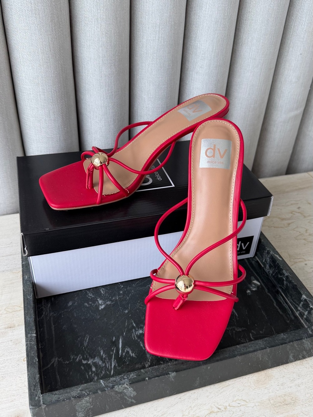 DV by Dolce Vita Red Strappy Knot Slide Sandals with Gold Accent